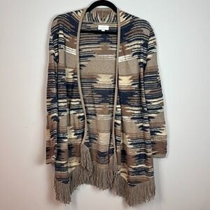 Lucky Brand Womens Aztec Open Fringe Southwestern Cardigan Size Small Brown Fall